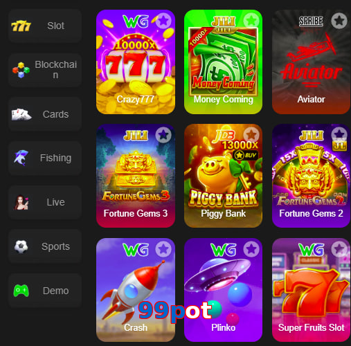 Main screen of 99Pot game page for PK players